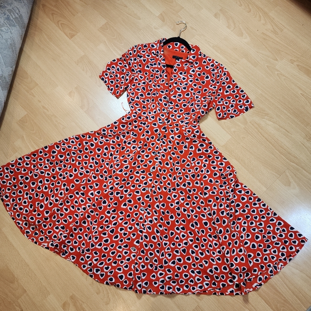 J. Crew Heart Leopard Button Front Midi Dress Red White Blue Size 2 - Picture 2 of 16